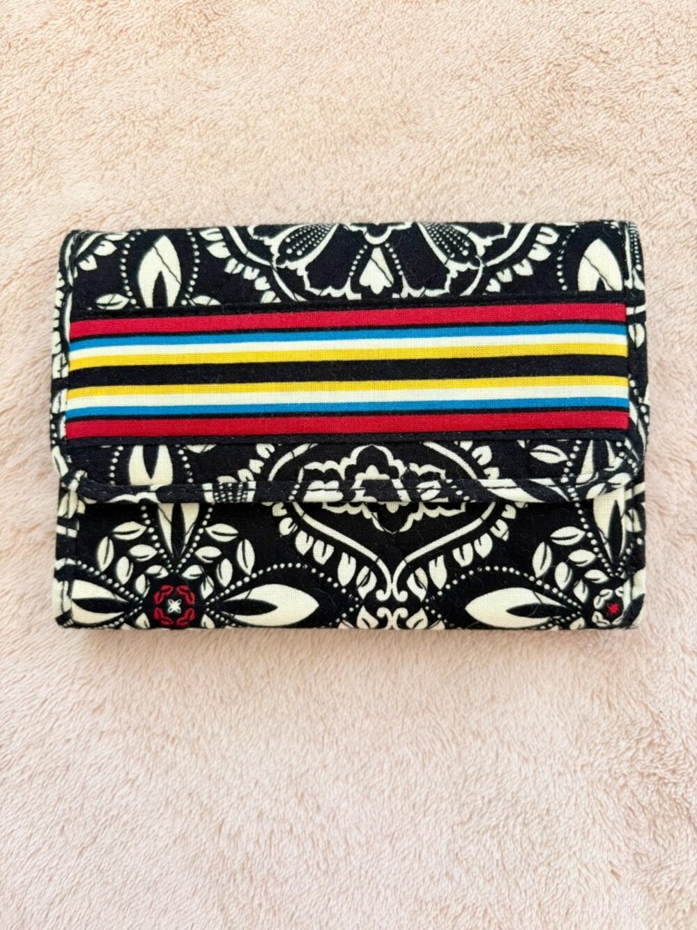 Vera Bradley Barcelona Euro Stripe Black White Floral Snap Small Trifold Wallet